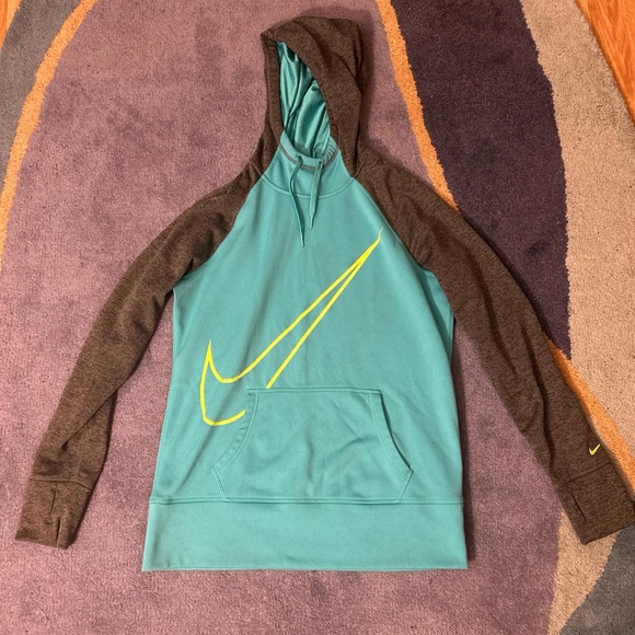 Blue charcoal and neon green Nike therma-fit running hoodie - Picture 1 of 4